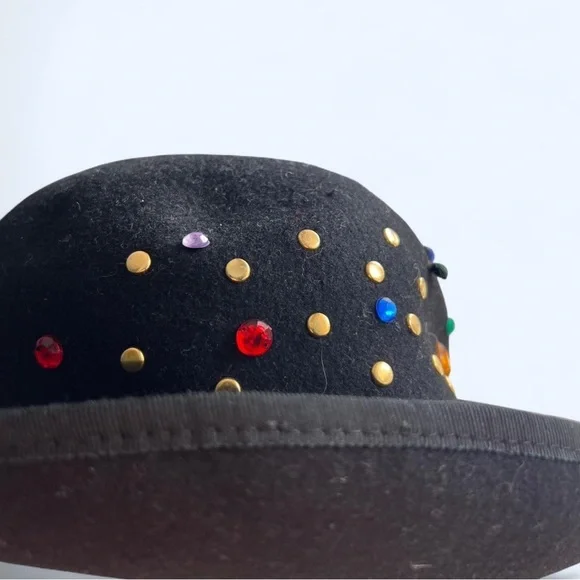 80s Vintage Black Wool Felt Fedora Multi-Colour Rhinestone Wide Brim - Picture 2 of 6